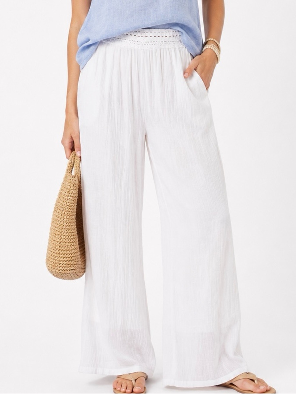 New Directions White Lace Waist Wide Leg Pull-On Pants Size Medium
